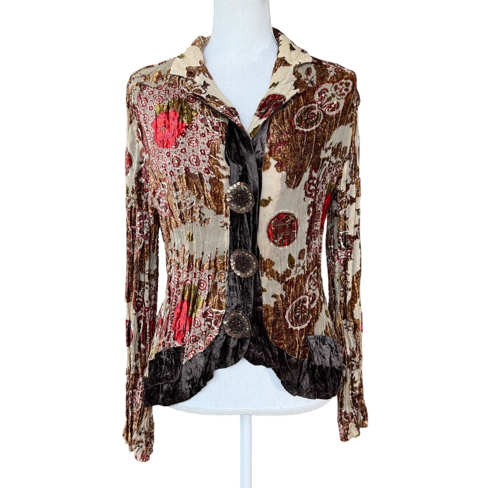 Alberto Makali Silk Blend Crinkle Velvet Trim Floral Button Front Jacket XL
